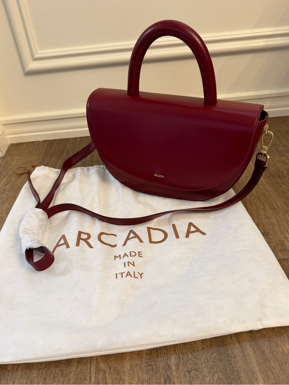 Arcadia Burgundy Leather Half Moon shaped with Detachable Crossbody Strap, NEW